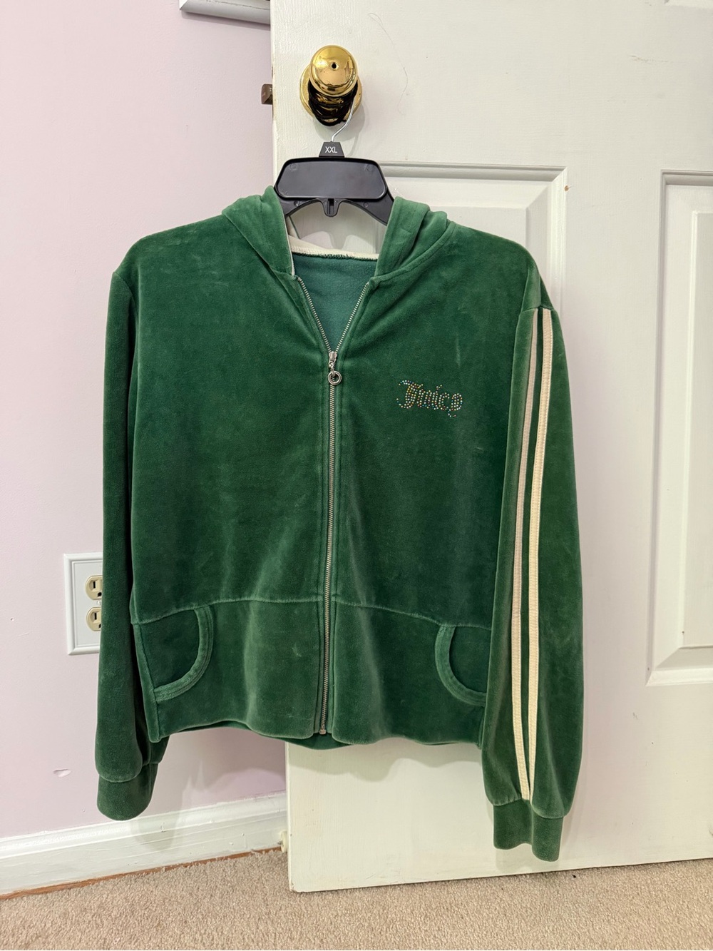 Juicy Couture Green Velour Zip-Up Hoodie with Cream Stripes
